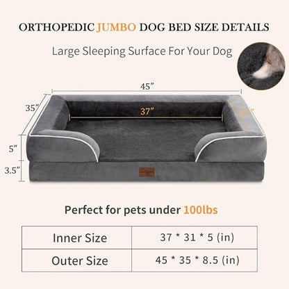 Cooling Dog Bed, Jumbo Dog Bed for Extra Large Dogs, Memory Foam Orthopedic Dog Bed, Jumbo Breed Dog Bed, Waterproof Dog Bed with Bolster & Removable Cover(Jumbo,Leaden Grey)