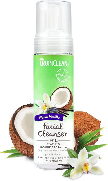 TropiClean Warm Vanilla Waterless Facial Cleanser for Dogs | Dog Foam Face Wash | Dog Face Wash Derived from Natural Ingredients | Cat Friendly | Made in the USA | 7.4 oz.