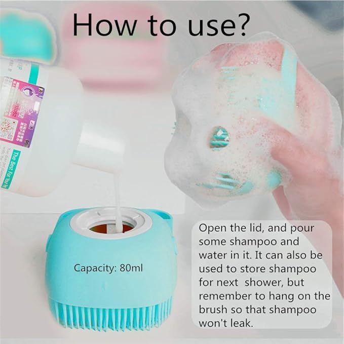 Portable Dog Bath Brush - Pet Massage Brush Shampoo Dispenser Soft Silicone Brush Rubber Bristle for Dogs and Cats Shower Grooming (Blue)