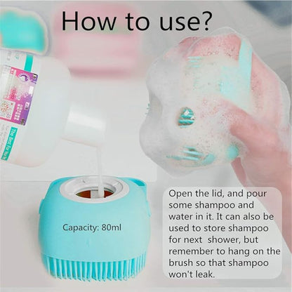Portable Dog Bath Brush - Pet Massage Brush Shampoo Dispenser Soft Silicone Brush Rubber Bristle for Dogs and Cats Shower Grooming (Blue)