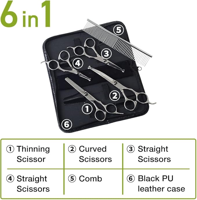 Professional 5 in 1 Dog Grooming Scissors Set with Safety Round Tips, Japard Sharp and Heavy-duty Pet Shears for Cats (Pink)