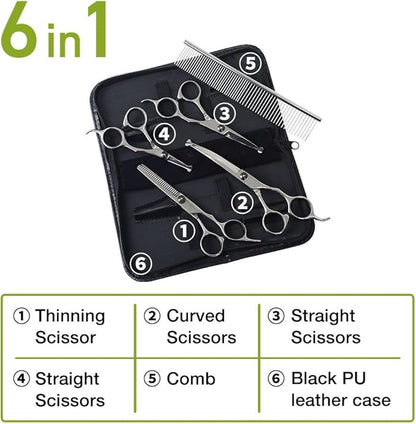 Professional 5 in 1 Dog Grooming Scissors Set with Safety Round Tips, Japard Sharp and Heavy-duty Pet Shears for Cats (Pink)
