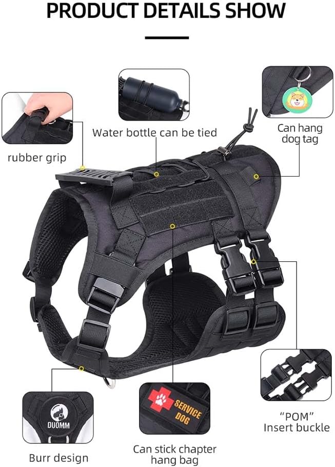 Tactical Harness for Large Dogs, Heavy Duty No Pull Dog Harness with Handle, Adjustable Size with Leash Clips, Suitable for Training, Walking, Hiking （Black，L）