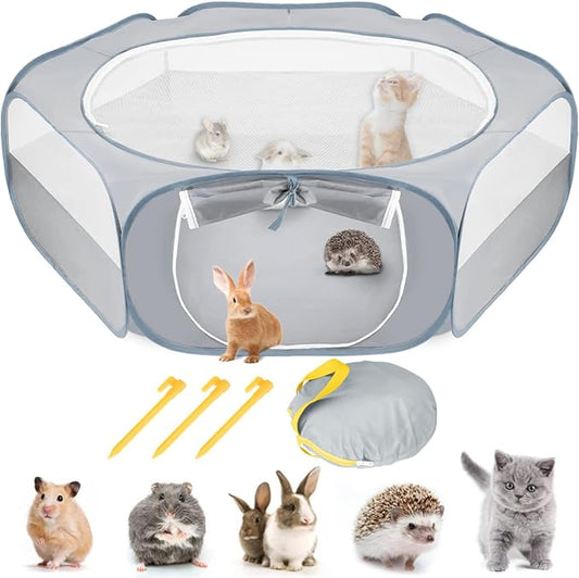 SlowTon Small Animal Playpen Portable - Durable Cat Playpen with Reinforced Mesh, Foldable Pet Playpen Exercise Play Pen with Zipper Top Cover Puppy Fence Kitten Rabbit Ferret Chinchilla (M,Grey)