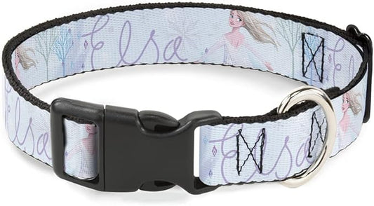 Disney Pet Collar, Dog Collar Plastic Buckle, Frozen Elsa Snowflake Pose with Trees and Script Blues, 15 to 24 Inches 1.0 Inch Wide