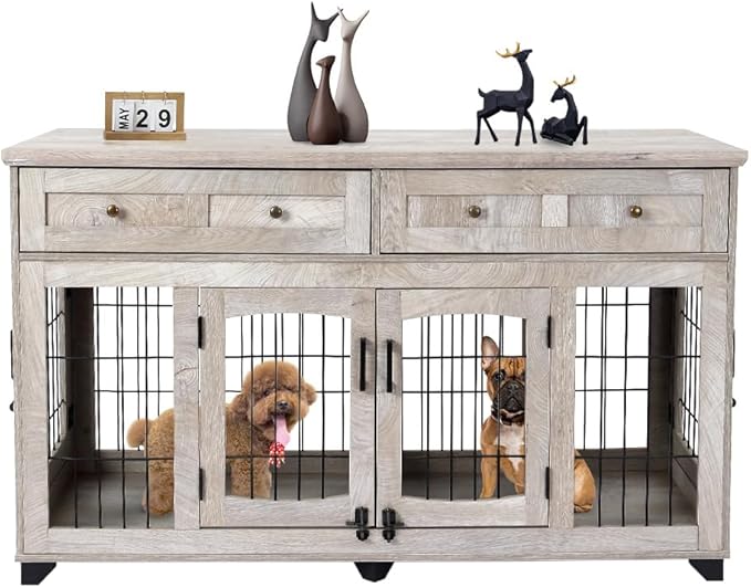 2 Dog Crate Furniture for Large Breeds,Large Dog Kennel Furniture TV Stand,58" Wooden Dog Kennel End Table with Drawers,Double Dog House with Divider
