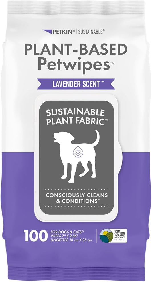Petkin Plant-Based PetWipes, 100 Wipes - Biobased, Sustainable, Big & Thick Pet Wipes for Dogs & Cats - for Face, Paws, Ears, Body & Eye Area - Consciously Cleans & Conditions - Lavender
