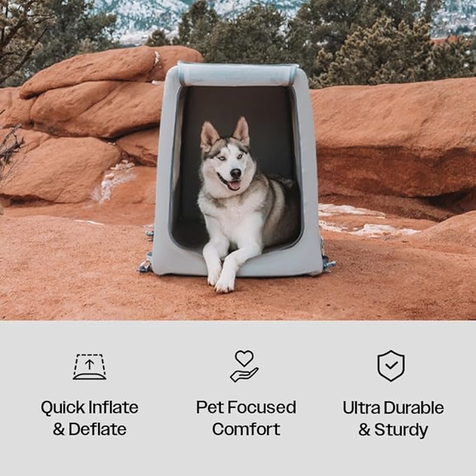 Diggs Enventur Medium Soft Dog Crate - Portable Indoor & Outdoor Dog Kennel - Inflatable Ultra-Durable Travel Crate for Safe Car Travel & Adventures - 34" L x 22.5" W x 27" H (Grey)