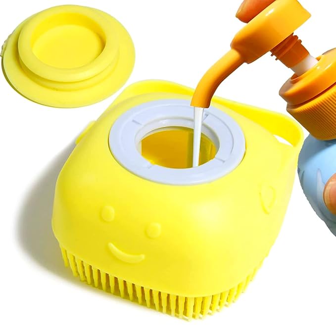 Sin American Dog Cat Bath Brush Comb Silicone Rubber Dog Grooming Brush Silicone Puppy Massage Brush Hair Fur Grooming Cleaning Brush Soft Shampoo Dispenser(Yellow)