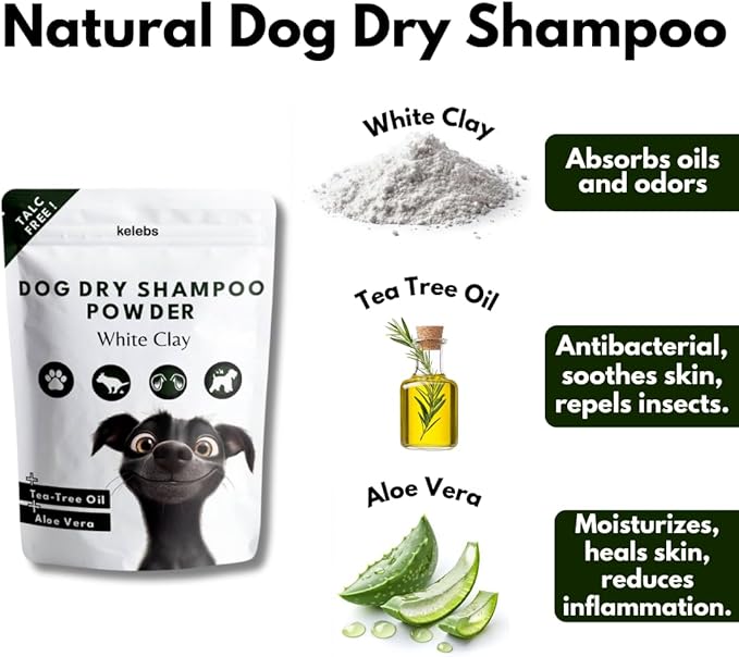 Talc-Free Dog Anti Itch Dry Shampoo Powder for Smelly Dogs, Pet Deodorizer for Skin, Ear & Paw - White Clay & Aloe Vera - 3.5 Oz
