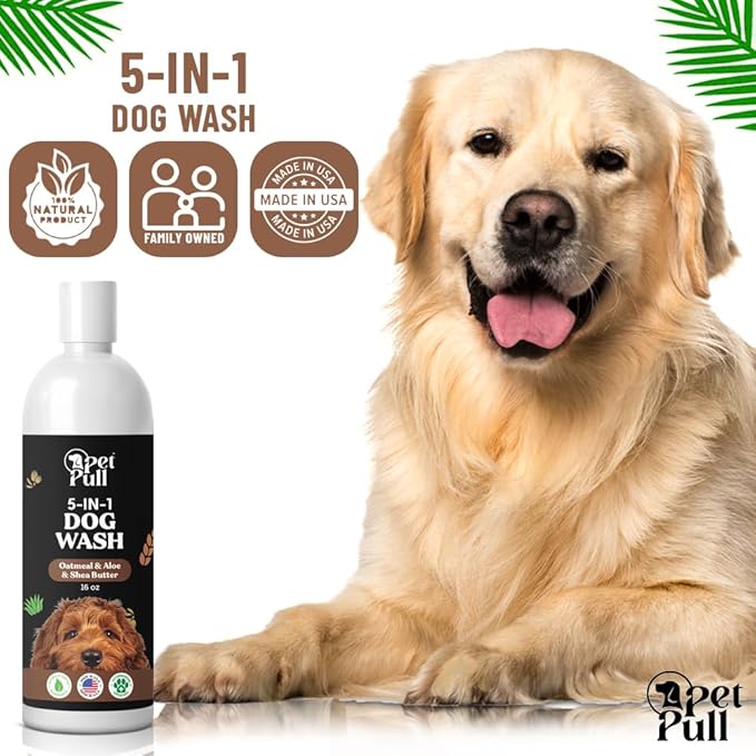 5-in-1 Dog Wash - Plant Based Dog Grooming Supplies for Dogs Cleanses - Skin Care Dog Wash Shampoo - Sulfate Free, All Natural Puppy Wash Made in USA (16 Fl Oz) (Oatmeal, Aloe, Shea-Butter)