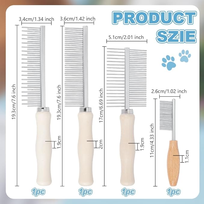 OLYCRAFT 4Pcs 4 Styles Wood Pet Combs Stainless Steel Pet Combs with Wood Handle Grooming Tool for Pets Macrame Fringe Combs Tassel Brush Pet Grooming Supplies for Pet Removing Tangles and Knots