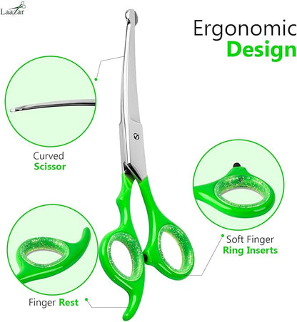 Rounded dog grooming scissors Professional - Sharp Stainless Steel Blades with Colorful Handles, Safe - Easy, Long Lasting grooming scissors for dogs at home (Curved Scissors)