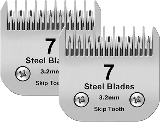 7 Skip Tooth Detachable Pet Dog Grooming Steel Blades,Compatible with Andis,Oster A5,Wahl KM10 Series Clippers,Cut Length 1/8-Inch (3.2mm) ，2 Pack
