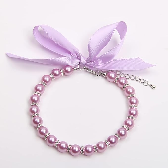 Dog Cat Pearls Necklace Collar with Bling Accessories and Ribbon Bow Pet Puppy Jewelry for Female Dogs Cats Small Medium (S, Purple)