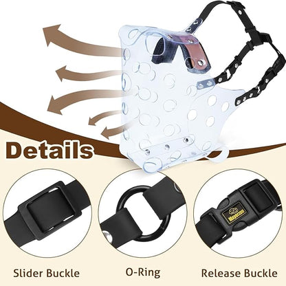 Mayerzon Dog Muzzle, Basket Muzzle for Large Medium Small Dogs, Humane Cage Mouth Guard to Prevent Biting Chewing Eating, Breathable Muzzle for Grooming Training Walking Vet Visits (XL, Clear)