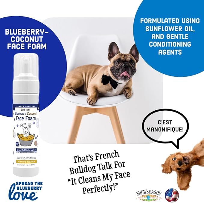 Showseason Blueberry-Coconut Pet Face Foam Cleanser for Dogs and Cats 8.5 oz. | No Rinsing Required | Easy Cleaning | Biodegradable and Non-Toxic | Made in The USA