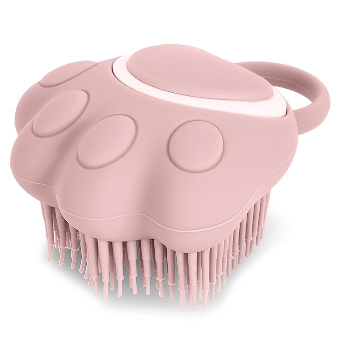 Molain Silicone Rubber Dog Cat Grooming Massage Brush - Hair Fur Cleaning with Soft Shampoo Dispenser (Pink Paw Shape)