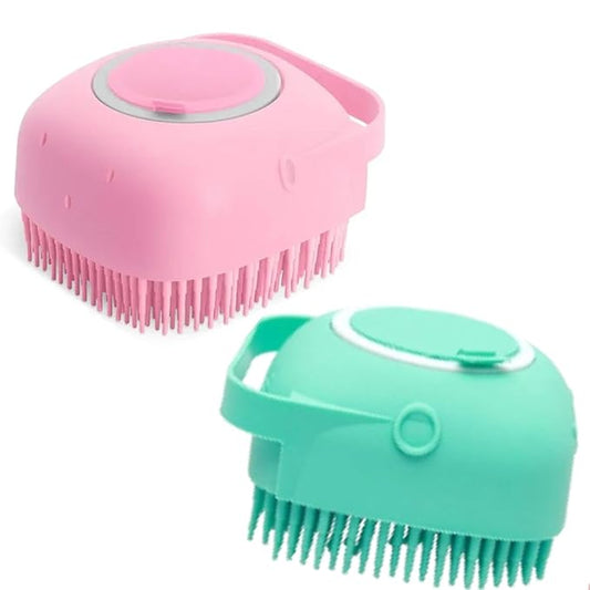 Dog Bath Brush & Shampoo Dispenser with 2 in 1 Pet Bathing Brush, Pink and Green