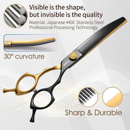 Curved Thinning Shears Dog Grooming 7.5 in Black & Gold Two Color Multipurpose Professional Dog Grooming Scissors for Large Pet 66 Teeth Japan 440C
