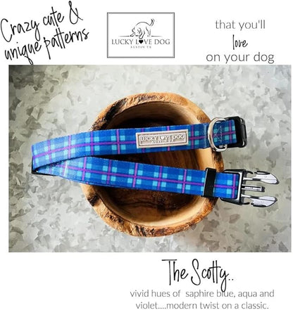 Lucky Love Dog, Blue and Violet Plaid Dog Collar, Adjustable & Comfy Collar for Boy and Girl Dog, Easy On & Off Clasp Accessory - (Large, Scotty Collar)