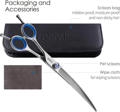 Left Handed Curved Scissors for Dog Grooming 7" Downward Professional Curved Shears Dog Grooming for Poodle Pet Cat Face Japan 440C Stainless Steel Super Sharp(7.0 curved)