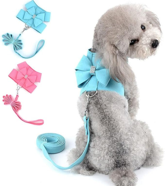 SELMAI Bling Rhinestone Dog Harness Bow Girls Soft Suede Leather for Small Pet Puppy Doggie Cat Girls Vest Collar Leash Set Adjustable/No Pull Chihuahua Yorkie Harness Walking Running Blue S