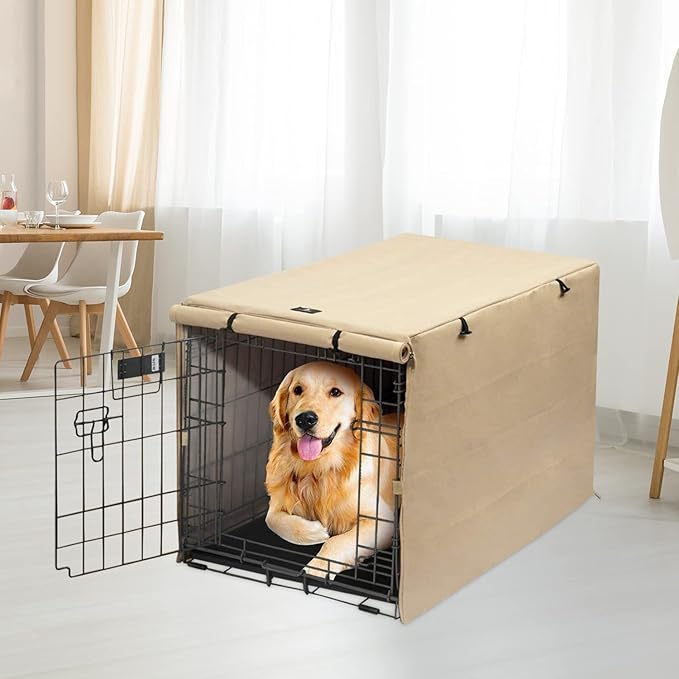 X-ZONE PET Double Door Dog Crate Cover - Polyester Pet Kennel Cover (Fits 24 30 36 42 48 inches Wire Crate) (48Inch, Tan)