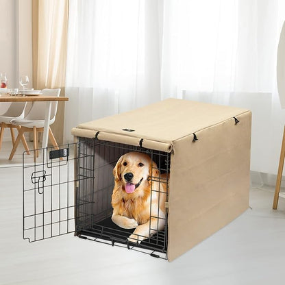 X-ZONE PET Double Door Dog Crate Cover - Polyester Pet Kennel Cover (Fits 24 30 36 42 48 inches Wire Crate) (48Inch, Tan)