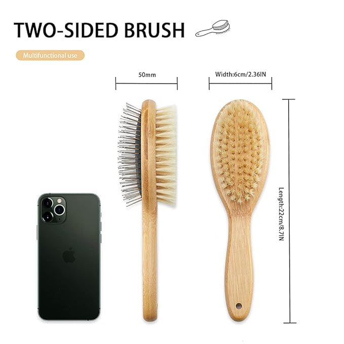 Dog Brush Cat Brush, Vokiuler Double Sided Bristle and Pin Pet Brush for Dog Grooming, Real Boar Bristle Shedding Brush with Bamboo Handle for Long Short Hair, 2 Pack Dog Comb, White