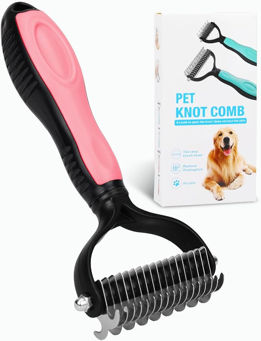 Pet Grooming Tool- 2 Sided Undercoat Rake for Dogs &Cats-Safe and Effective Dematting Comb for Mats&Tangles Removing (Pink)