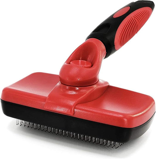 Outrav Self Cleaning Slicker Brush Dog & Cat Grooming Tool with Retractable Bristles Red, Animal Print, 1 Count (Pack of 1), Assembled, Metal & Rubber Construction, 7 Inches