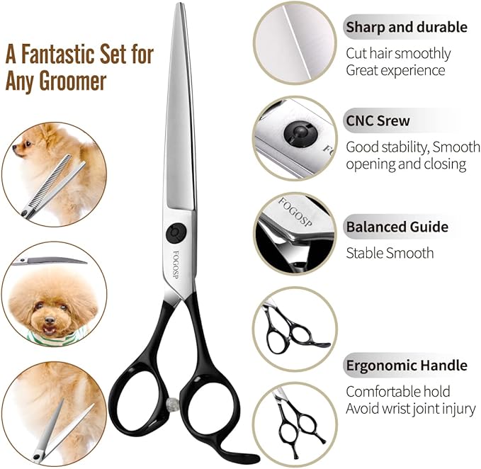Professional Dog Grooming Scissors Kit 4pcs FOGOSP 7 inch Curved Thinning Straight Chunker Shears for Dogs Cat Pets (7 in Kit, Black)