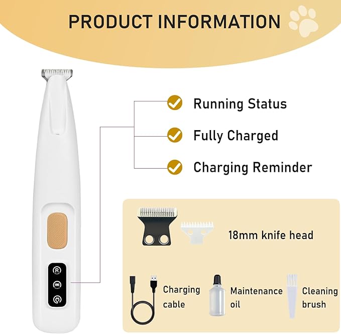 Saffory Dog Paw Trimmer, Pet Claw Trimmer with LED Light, Low Noise USB Rechargeable Pet Clipper. Suitable for Dogs and Cats, for Trimming Hair Around Paws Eyes Ears Face Buttocks. (1)