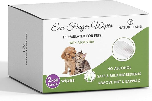 Natureland [Large Size Finger Wipes] Dog & Cat Ear Finger Wipes - Otic Cleaning Wipes for Infections and Controlling Ear Infections and Ear Odor in Pets (100 Large)