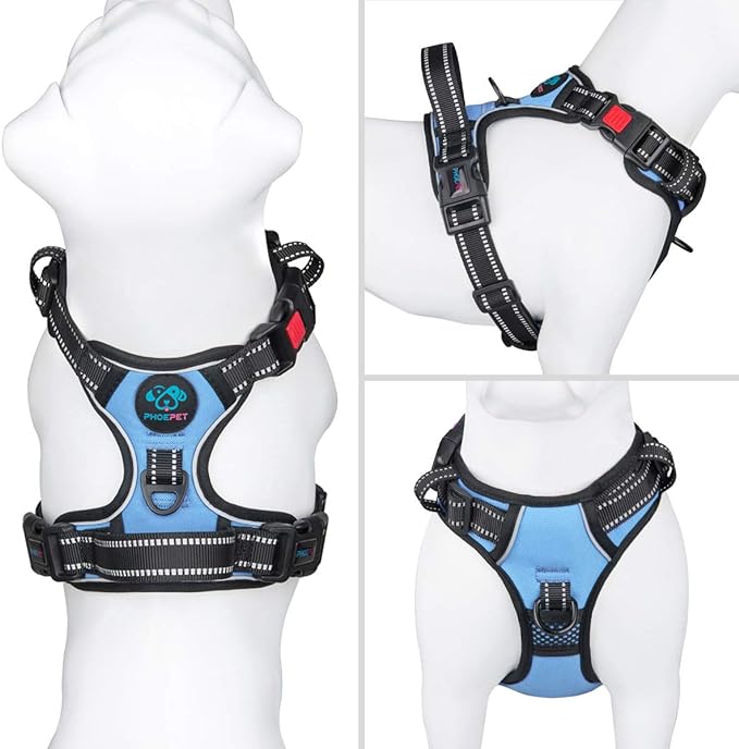 PHOEPET No Pull Dog Harness Reflective Adjustable Vest with a Training Handle, Name ID Pocket, 2 Metal Leash Hooks, 3 Snap Buckles [Easy to Put on & Take Off](XS, Baby Blue)