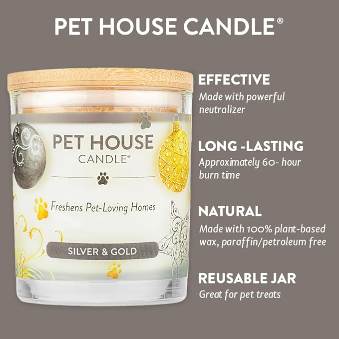 One Fur All Pet House Candle 2 Pack - Plant-Based/Soy Candle - Clean Burning Scented Candles, Long Lasting Pet Odor Candle for Home - Silver & Gold