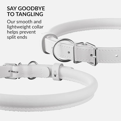 CollarDirect Rolled Leather Dog Collar, Soft Padded Round Puppy Collar, Handmade Genuine Leather Collar Dog Small Large Cat Collars 13 Colors (6-7 Inch, White Smooth)