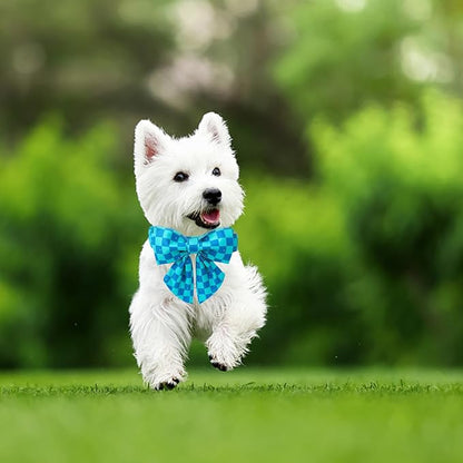 Maca Bates Plaid Blue Dog Collar with Checkered Bow Bowtie for Grid Dogs Bows Tie Adjustable Breakaway Collars Birthday Gift Colar for Small Medium Large XL Girl Boy Male Female Puppy Pets