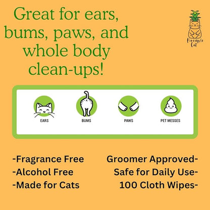 Pineapple Cat Grooming Wipes - Gentle Cat Cleaning Wipes - Hygienic Grooming Tool for Cats Ears, Paws, Bum, and Fur
