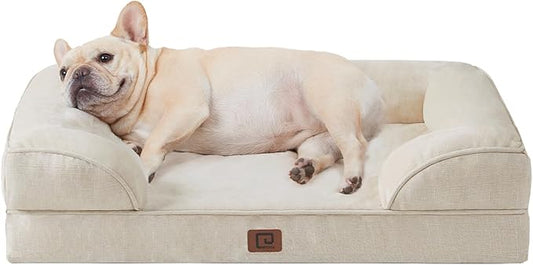 EHEYCIGA Orthopedic Dog Bed for Medium Dogs, Waterproof Memory Foam Medium Dog Beds with Sides, Non-Slip Bottom and Egg-Crate Foam Medium Dog Couch Bed with Washable Removable Cover, Beige
