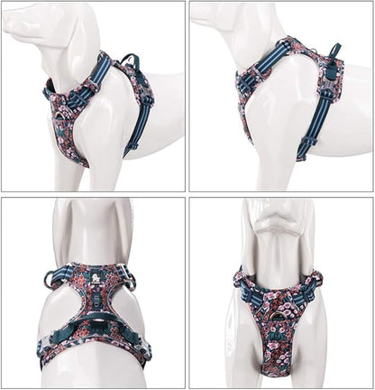 La La Pet® Floral No Pull Dog Harness Reflective Dog Vest Harness with Front & Back 2 Leash Clips and Easy Control Handle for Small Medium Large Dogs 3 Snap Buckles Easy to Put On & Take Off