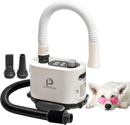 Free Hands Easy pet Grooming Dryer for Cats and Dogs & Drying Tool After Bath LCD Display 2 Soft＆Hard Blowpipe Adjustable Temperature and Speed Quiet