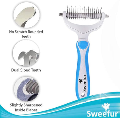 Pet Grooming Comb- 2 Sided Undercoat rake for Dogs & Cats- Professional Teeth pet Brush for Shedding and Remove mats & tangles- Grooming rake Tool for All pet Sizes- Blue
