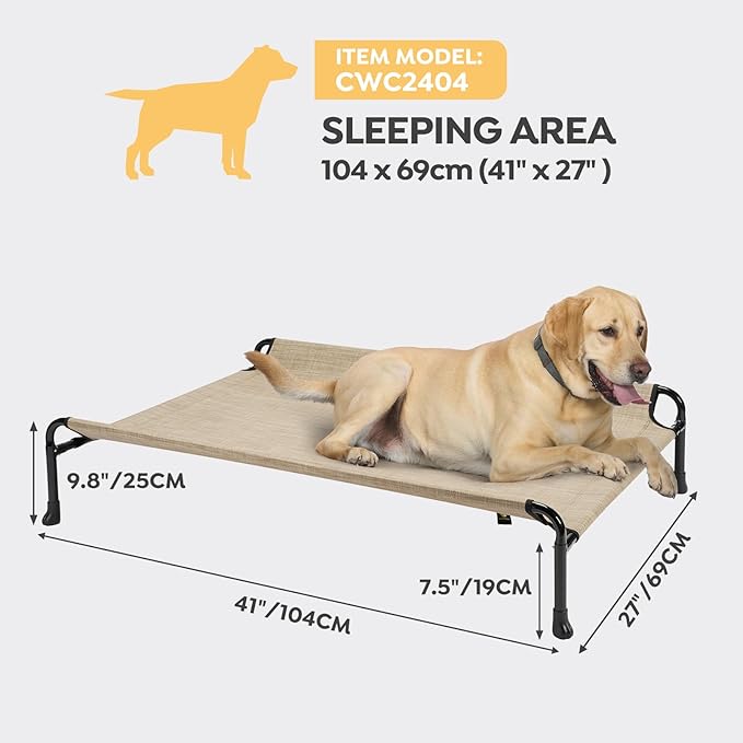 Veehoo Cooling Elevated Dog Bed, Raised Dog Beds for Large Dogs, Outdoor Dog Bed with Guardrail, Upgraded Non-Slip Feet, Breathable Teslin Mesh, Portable Camping Dog Cot, 41 x 27 Inches, Beige Coffee
