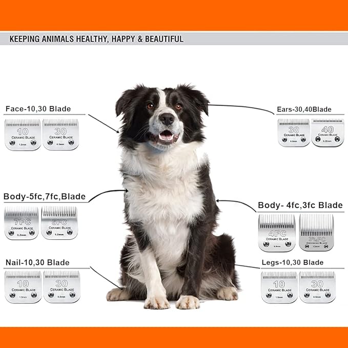 Dog Grooming Clipper Replacement Blades Compatible with Andis Pet Clipper/Oster A5/Wahl KM Series Dog Clipper,Ceramic Blade & Stainless Steel Blade(10+30+40+5FC+7FC)