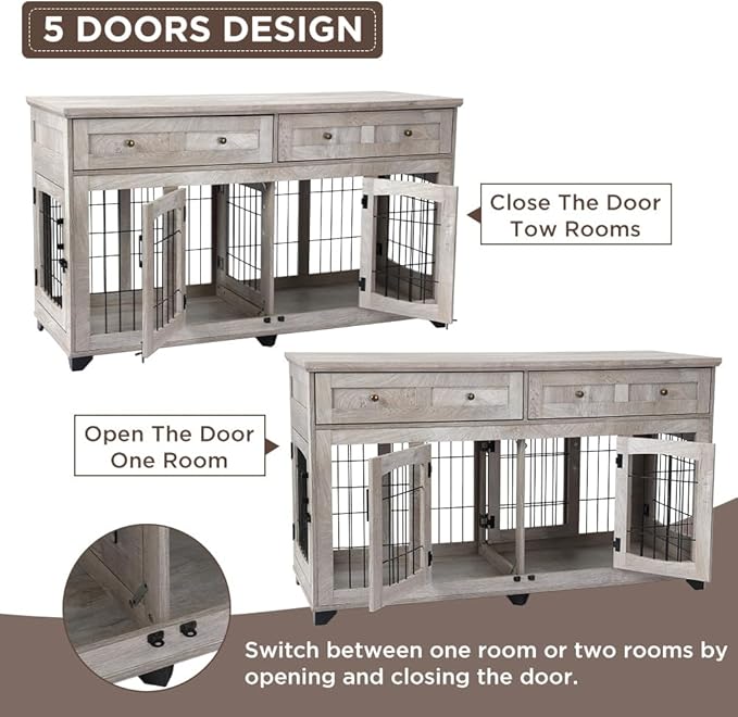 2 Dog Crate Furniture for Large Breeds,Large Dog Kennel Furniture TV Stand,58" Wooden Dog Kennel End Table with Drawers,Double Dog House with Divider