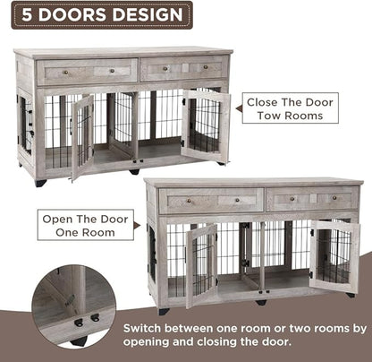 2 Dog Crate Furniture for Large Breeds,Large Dog Kennel Furniture TV Stand,58" Wooden Dog Kennel End Table with Drawers,Double Dog House with Divider