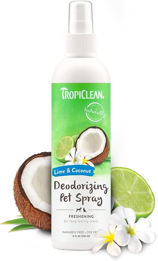 TropiClean Dog Perfume, Long Lasting Lime & Coconut Cologne, Deodorizing Spray for Smelly Dogs, After Bath Detangling Spray with Vitamin E, Safe for Cats, 8oz.