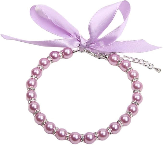 Dog Cat Pearls Necklace Collar with Bling Accessories and Ribbon Bow Pet Puppy Jewelry for Female Dogs Cats Small Medium (S, Purple)